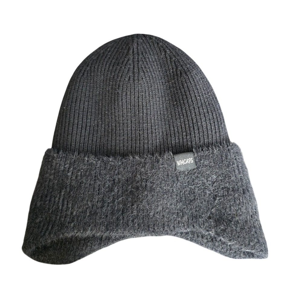 WMCAPS Black Ribbed Fuzzy‎ Trimmed Beanie Hat Unisex One Size